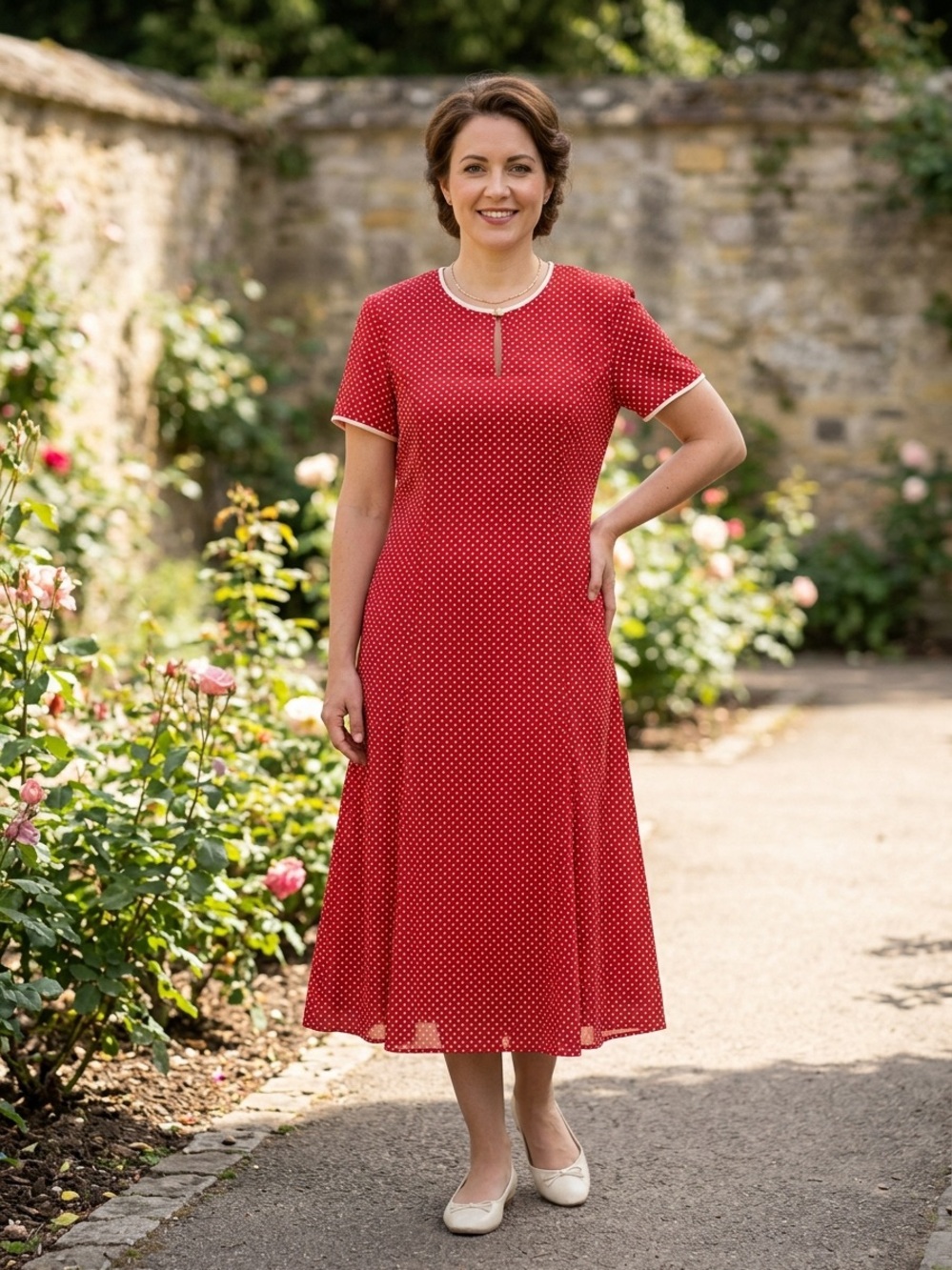 Vintage Chaus Red Polka Dot Maxi Dress with Contrast Trim